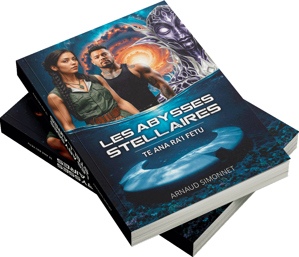 Les Abysses Stellaires - Roman Arnaud Simonnet Deux livres empilés, "Les Abysses Stellaires" sur le dessus avec deux personnages en couverture.
